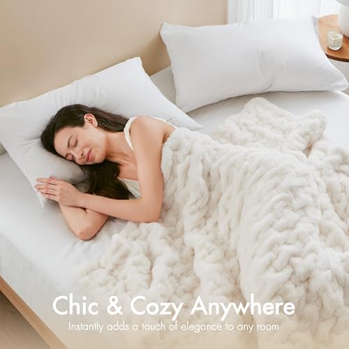 Madison Park Ruched Fur Luxury Throw Premium Soft Cozy Brushed Long Faux Fur For Bed, Couch or Sofa , 50x60" , Ivory