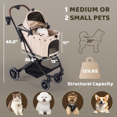Dog Stroller for Small to Medium Dogs with Detachable Carrier, Beige