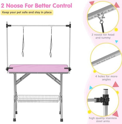Lyromix 42'' Stainless Steel Pet Dog Grooming Table, Arm/Noose/Tray, Pink