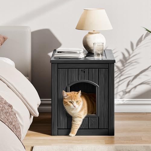 Cat Litter Box Enclosure, Resin Hidden Litter Box Furniture Side Table with Openable Front Door, Weatherproof Indoor & Outdoor Cat Litter Box Cabinet, Raised Floor, Easy to Clean & Assemble, Black