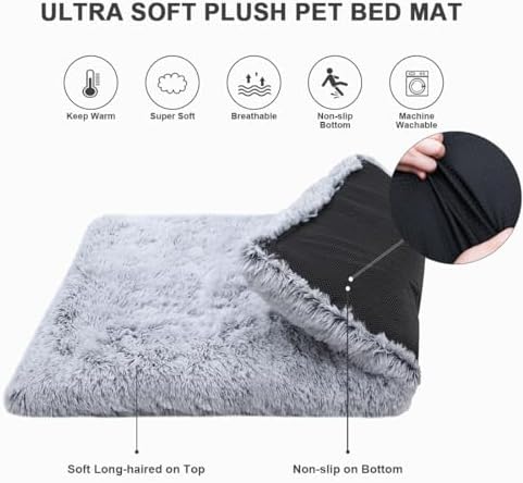Small Dog Bed Crate Pad 24", Washable Puppy Beds, Plush Pet Mat Grey