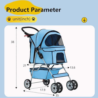 FDW | 4-Wheel Foldable Pet Stroller | Blue | Lightweight & Portable