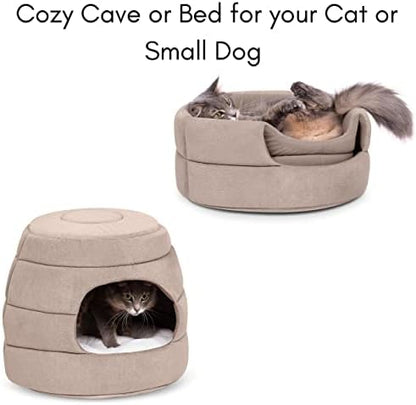 BIRDROCK HOME 2 in 1 Pet Bed for Cats or Small Dogs - Cozy Cat Cave or Plush Dog Bed - Indoor Teepee House for Pets (15 Inch Wide, Beige)