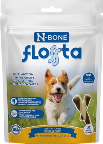 N-bone FLOSSta Daily Dental Chews for Dogs, SQF Certified, Natural Dog Dental Treats to Freshen Breath and Fight Tartar & Plaque, Grain-Free Dental Sticks for Dogs, Chicken Flavor, 8 ct. Pouch (6.4oz)