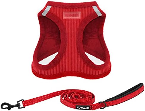 Best Pet Supplies Voyager Step-in Plush Dog Harness - Soft, Step in Vest Harness and Reflective Dog 5 ft Leash Combo with Neoprene Handle for Small and Medium Dogs, Red Corduroy, S