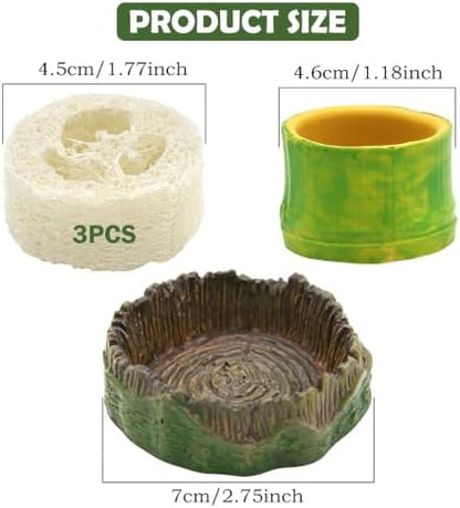 5pcs Dubia Roach Live Tree Stump Feeding Bowls & Green Bamboo Water Bowls Container with Loofah Net Set, Habitat for Dubia Roaches Live, Crickets & Springtails, Habitat Supplies