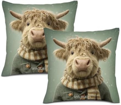 InkRain Winter Animal Cute Highland Cow Pillow Cover 26x26 Inch Set of 2 Home Decor Decorative Cotton Linen Illustration Pillowcases for Living Room House Sofa