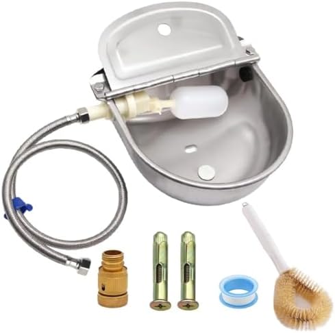 Automatic Livestock Waterer, 304 Stainless Steel Auto Fill Drinking Bowl with Float Valve, Drainage Hole & Protective Baffle, Wall Mount or Floor Stand, for Dogs, Chickens, Horses, Goats, Pigs