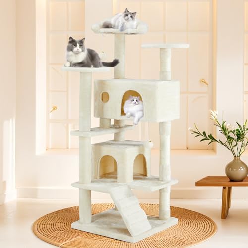 54 Inches Cat Tower Condo Furniture, Cat Tree Tower for Indoor Cats, Cozy Hammock and Sisal Scratching Posts, Multi-Level Durable Cat Scratch Post for Kittens Pet House Play, Detachable, Beige