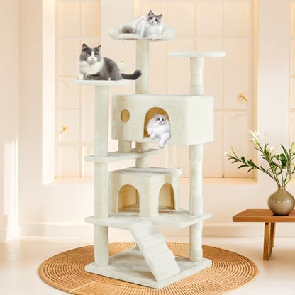 54 Inches Cat Tower Condo Furniture, Cat Tree Tower for Indoor Cats, Cozy Hammock and Sisal Scratching Posts, Multi-Level Durable Cat Scratch Post for Kittens Pet House Play, Detachable, Beige