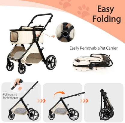 3 in 1 Pet Stroller for Small Medium Dogs,Luxury Dog Stroller with Reversible & Height-Adjustable Handle,Washable Pad&Liner,Rubber Wheels,for Puppy,Senior Pets,Outdoor,Shopping&Vet Visits (Beige)