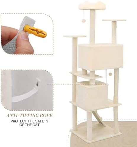 Athena Collection Modern Cat Tree Tower, 77 Inch Tall Cat Tree Climbing Tower with Scratching Post 2 Condo Multi-Level Activity Center and Playing Ball for Indoor Large Adult, Beige