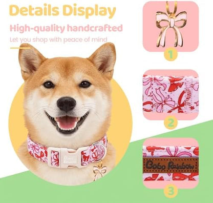 Dog Collars, Cute Pink Bow Print Pet Collar Holiday Durable Adjustable Pendant Gift Collar with Quick Release Plastic Buckle for X-Small Dogs