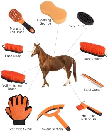 Horse Grooming Kit（13-Piece），Orange Horse Brushes,Storage Bag, Sweat Scraper,Mane Comb,Horse Grooming Gloves, Gifts for Girls (Orange)