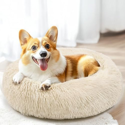 28in Large Dog Bed, Calming Donut Bed for Puppy and Kitten (Light Brown)