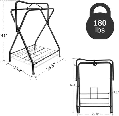 2 Pack Folding Saddle Rack Heavy Duty Freestanding Horse Saddle Stand Detachable Saddle Rack Stand with Bottom Storage for English & Western Saddles
