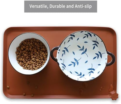 Hoki Found Silicone Pet Food Tray - Non Slip Pet Dog Bowl Mats - Cat Waterproof Mat for Carpet - Caramel