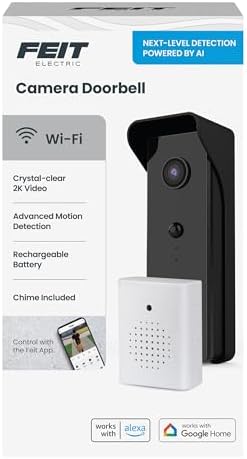 Feit Electric Smart Video Doorbell Camera, 2.4GHz Wi-Fi, No Hub, Two-Way Audio, Advance Motion Detection, 16ft. Night Vision, 2K HD Video, Micro SD Card Storage, Chime Included, Battery Powered Design