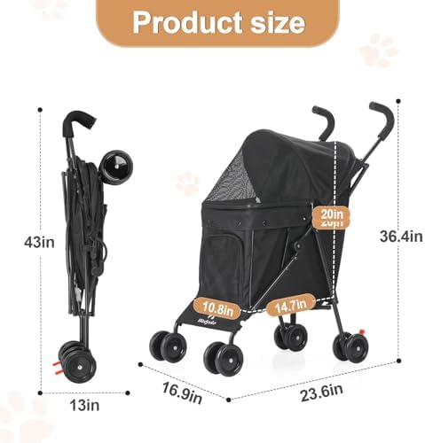 Wedyvko Umbrella Dog Stroller, Travel Portable Pet Stroller for Small Puppy Dogs & Cats, Up to 33 lbs, Black