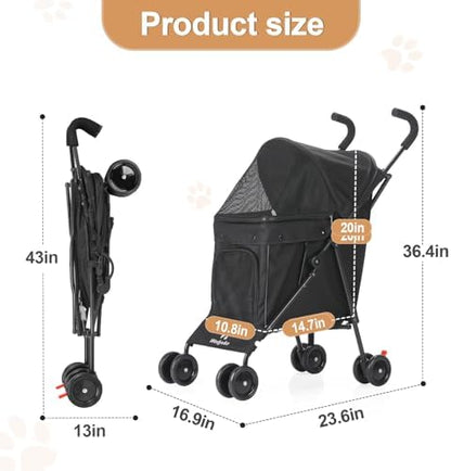 Wedyvko Umbrella Dog Stroller, Travel Portable Pet Stroller for Small Puppy Dogs & Cats, Up to 33 lbs, Black