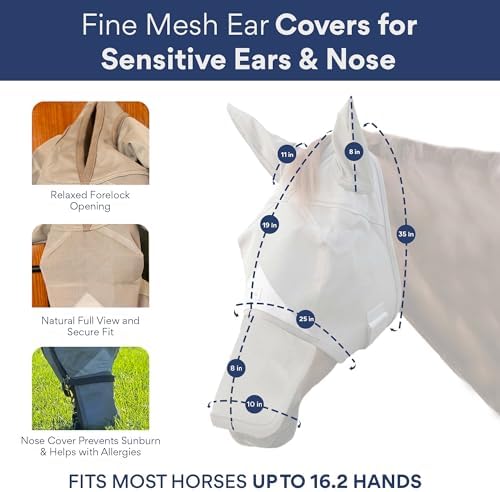 Horse Fly Mask with Ears & Nose Cover, UV Protection, Standard
