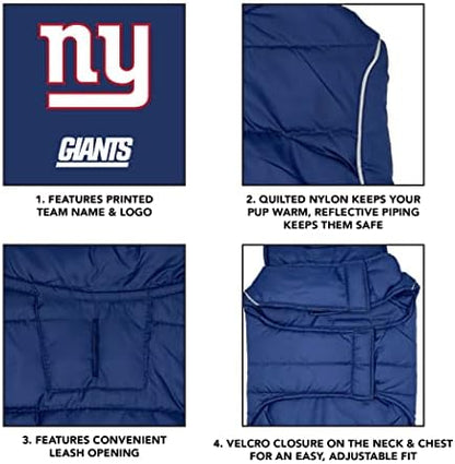 NFL New York Giants Puffer Vest for Dogs & Cats, Size Medium. Warm, Cozy, and Waterproof Dog Coat, for Small and Large Dogs/Cats. Best NFL Licensed PET Warming Sports Jacket