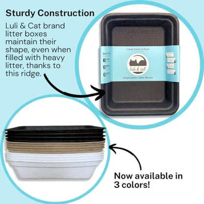 Luli & Cat Disposable Litter Boxes for Cats | Large Sized Black Colored 4-Pack | Durable and Water Resistant