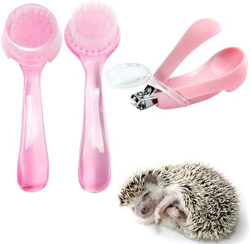 Hedgehog Toe Nail Clippers and Comb Set, 2 Pcs Hedgehog Soft Cleansing Brush and Toenail Clipper with Magnifier, Hedgehogs Massage Combs and Small Nail Clippers, Small Pet Grooming Supplies (Pink)
