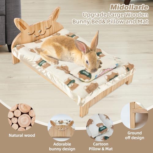 Large Wooden Bunny Bed, 2-in-1 Rabbit Bed with Pillow and Mat
