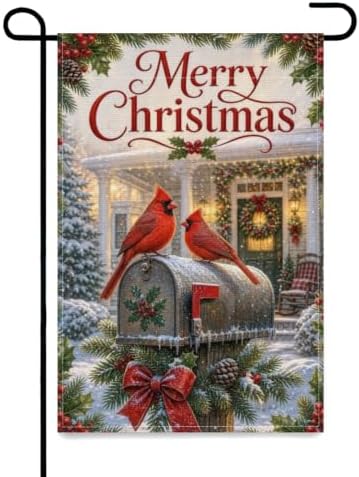 Merry Christmas Garden Flag 12x18 Inch Cardinal Pair Snowy Mailbox Holly Berry Pinecone Wreath Classic Winter Outdoor Yard Lawn Front Porch Welcome Double Sided Banner Decor