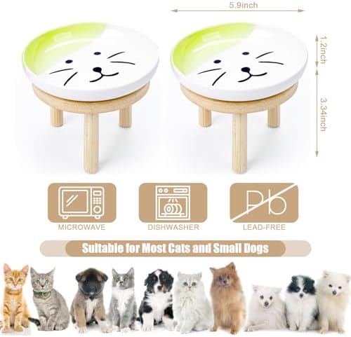 Shallow Elevated Cat Bowls with Bamboo Stand, 5.9 Inch Wide Ceramic Cat Dish Whisker Friendly, 2 Pack Pet Food and Water Plates