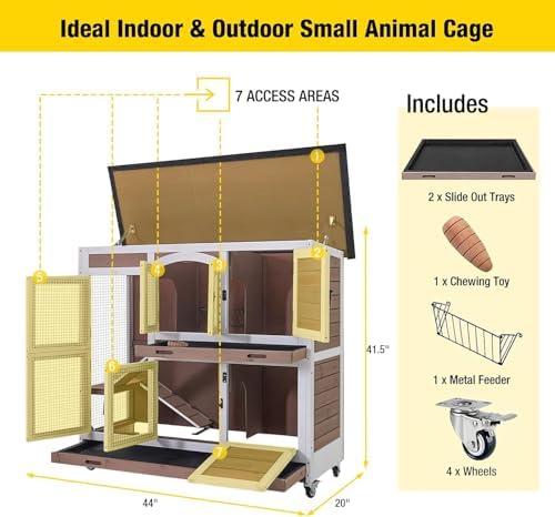 Aivituvin Rabbit Hutch Bunny Cage with Wheels Indoor Outdoor Two Story Guinea Pig Cage with 2 Deep No Leak Tray
