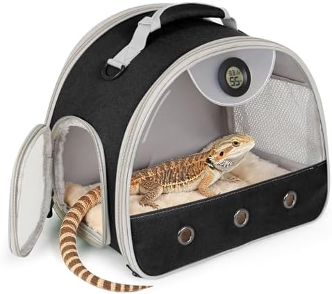 Bearded Dragon Carrier, Reptile Travel Bag with Built-in Thermometer Hygrometer, Breathable Small Animal Carrier with Clear View Window, Portable Guinea Pig Carrier for Gecko, Snake, Hamster