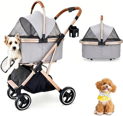 Chihuahua 3-in-1 Foldable Pet Stroller 4-Wheel for Small Dogs,Light Coffee