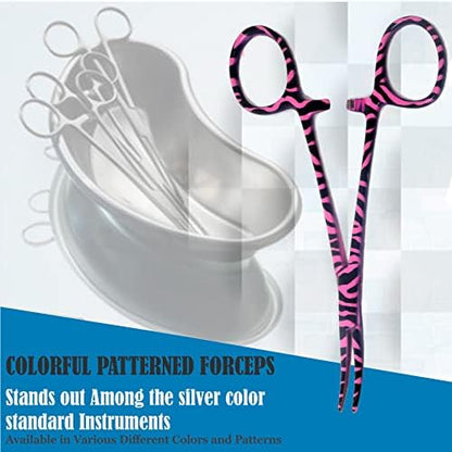 Dog Pet Ear/Nose Hair Puller Grooming Hemostat Locking Forceps Curved Pliers, 5.5" (14cm) Full Serrated Clamps Stainless Steel (Pink Candy Swirls)