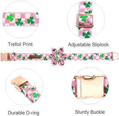 Trefoil Plaid Dog Collar with Flower for Medium Female Dogs