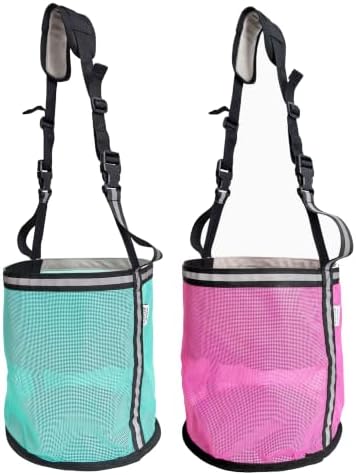 Horse Feed Bag,Heavy Duty Muzzle Feed Bag with Adjustable Strap,Comfort Neck Pad,Nose Pad and Double Waterproof Bottom Mesh Feed Bags for Horse Pack of 2 (Cyan + Pink(Reflective))