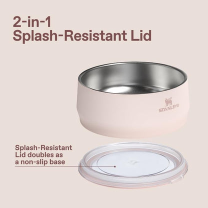 STANLEY Pet Bowl | 3-Cup (24 oz) Insulated Stainless Steel Dog & Cat Bowl | Splash-Resistant Lid | Dishwasher Safe | BPA-Free | Rose Quartz