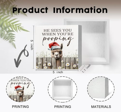 Christmas Alpaca Home Bathroom Decor Sign - Farmhouse Western Christmas Animal Bathroom Decor,Rustic Farm Animal He Sees You When You're Pooping Signs,Alpaca Gifts for Women