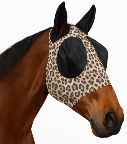 Stretchable UV-Blocking Equine Fly Mask with Moldable Ear Covers, Adjustable Comfort Mesh Straps, Leopard-Pattern Pasture & Trail Protection Perfectly Sized for Full Sized Horses -