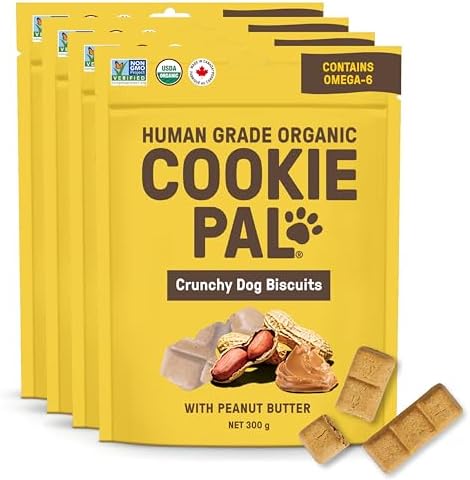 CookiePal Dog Treats, Crunchy Peanut Butter Puppy Training Treats, Human Grade USDA Organic, Natural Dog Biscuits, 10oz (Pk of 4)