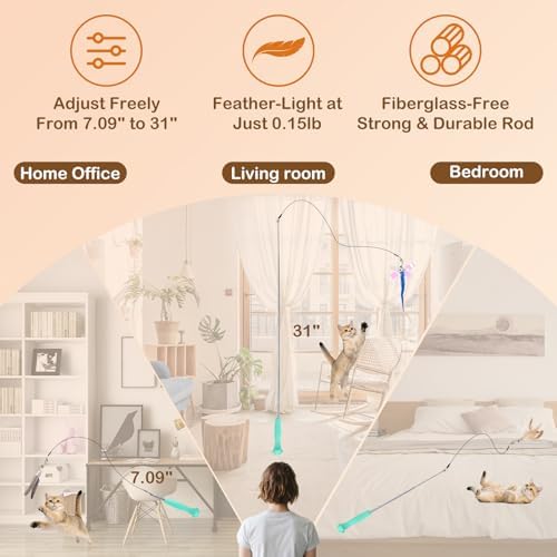 Retractable Cat Wand with 4 Feather Refills for Indoor Cats