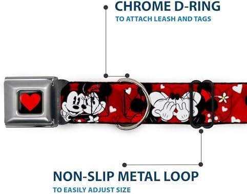 Buckle-Down Dog Collar Seatbelt Buckle Mickey Minnie Hugs Kisses Poses Reds White, Multicolor, 1.5" Wide - Fits 16-23" Neck - Medium (DC-WDY290-WM)