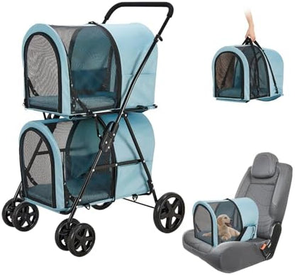Double Pet Stroller for 2 Cats or 2 Dogs with Detachable Carriers