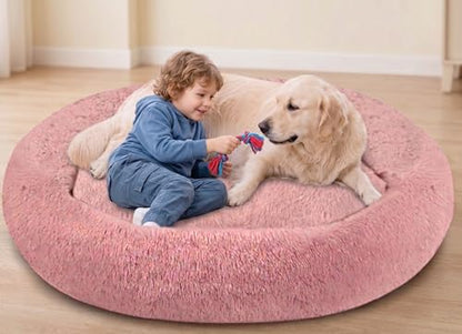 SAVFOX 54 inches Calming Donut Dog Bed - 3X Durable Plush Faux Fur, Machine Washable & Non-Slip, Fits up to 210 lbs, Removable Cover, Pink