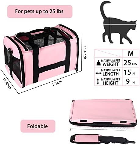 Cat Carrying Case - Pet Carrier Airline Approved, Protable and Breathable Pet Travel Carrier Removable Fleece Pad, Collapsible Cat Carrier Dog Carrier for Medium Cats Small Cats Dogs (Medium, Pink)