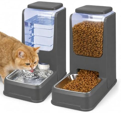 Automatic Cat Feeder and Water Dispenser Set with Stainless Steel Bowls, Gravity Dog Food and Waterer Large Capacity Pet Feeder for Small Medium Kitty Puppy, Gray