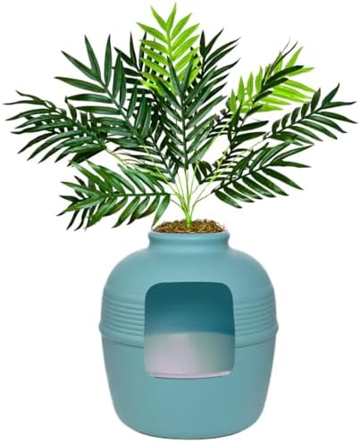 Good Pet Stuff Original Hidden Litter Box Planter, Decorative Cat Litter Enclosure with Carbon Filter, Artificial Palm Plant, Upgraded Design, Easy Clean Litter Tray, Essentials Kit, Caribbean Blue