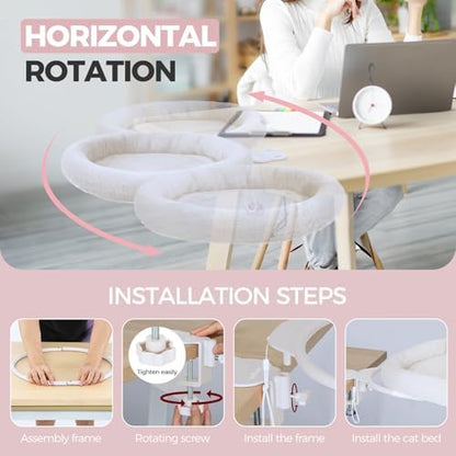 Cat Desk Bed,Steel Cat Bed for Desk,Easy to Assemble,Machine Washable and Detachable Easy to Clean,180° Rotating Cats Hammock Desks for Office Game Tables,Supports to 40lbs(White)