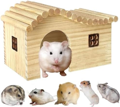 Hamster Wood Hideout Hut with Window Small Animal Wooden House for Rat Dwarf Hamster (Small)